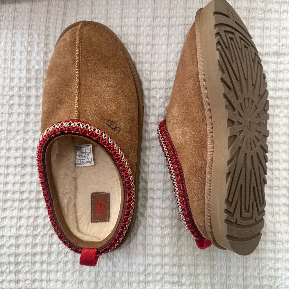 UGG Brown Suede Slippers with Red Accents